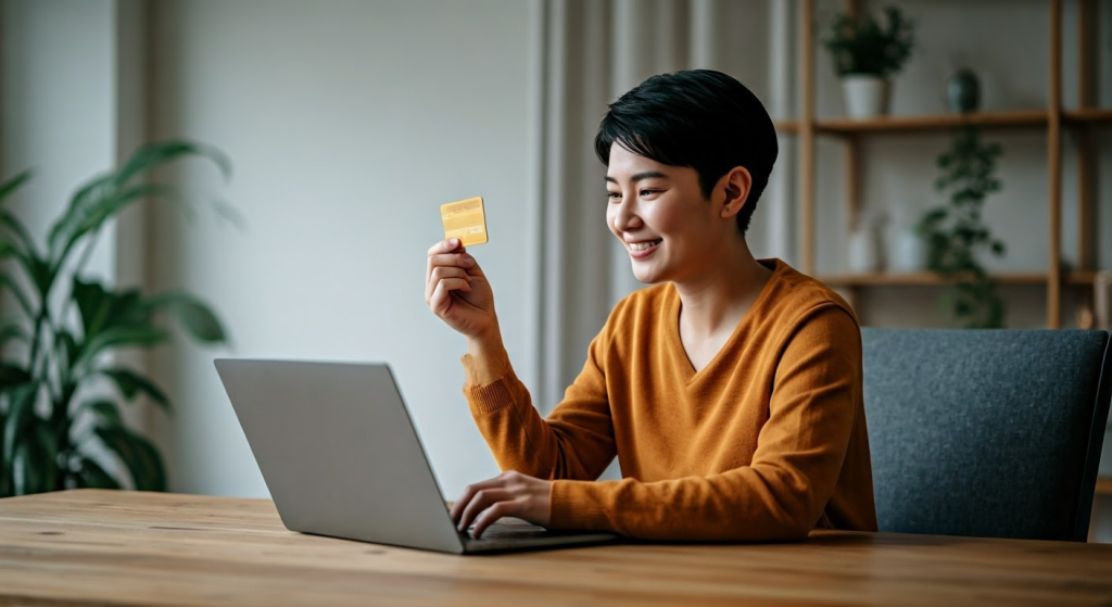 Person using laptop with credit card