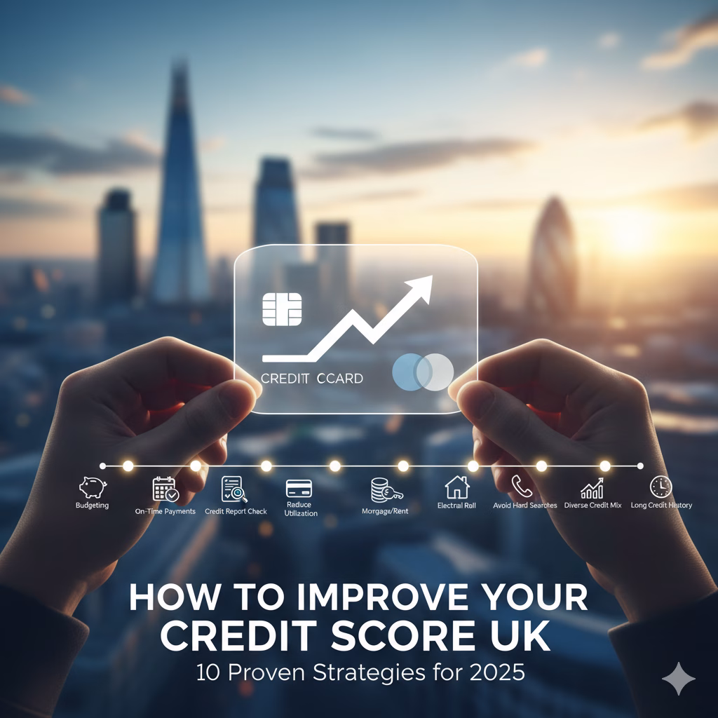 How to improve your credit score UK - hands holding credit card with growth arrow and credit improvement strategy icons.
