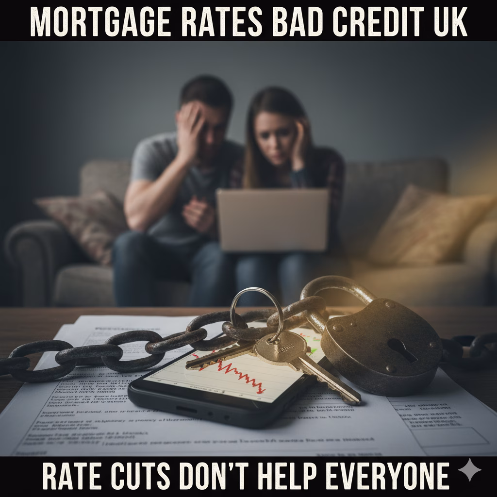 Mortgage rates bad credit UK comparison chart showing rate differences between credit tiers - excellent credit gets 2.99% while poor credit pays up to 8.99%