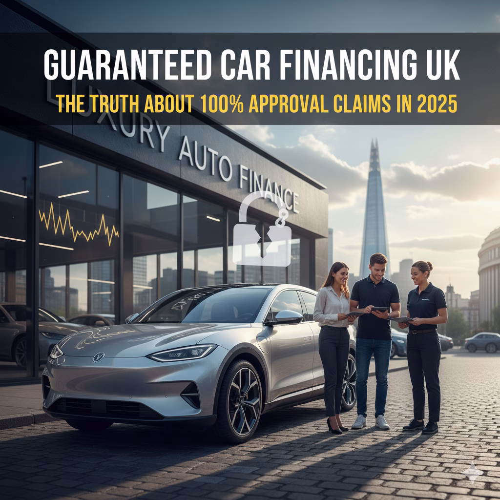 Guaranteed car financing UK - customers at auto finance dealership discussing 100% approval car loan options with sales representative and luxury vehicle