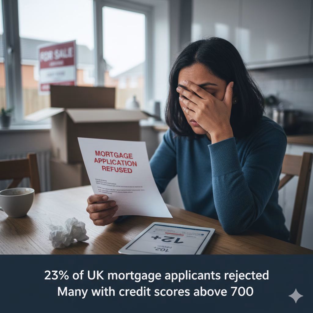 Woman with mortgage application rejected despite good credit score - confused person holding rejection letter in UK