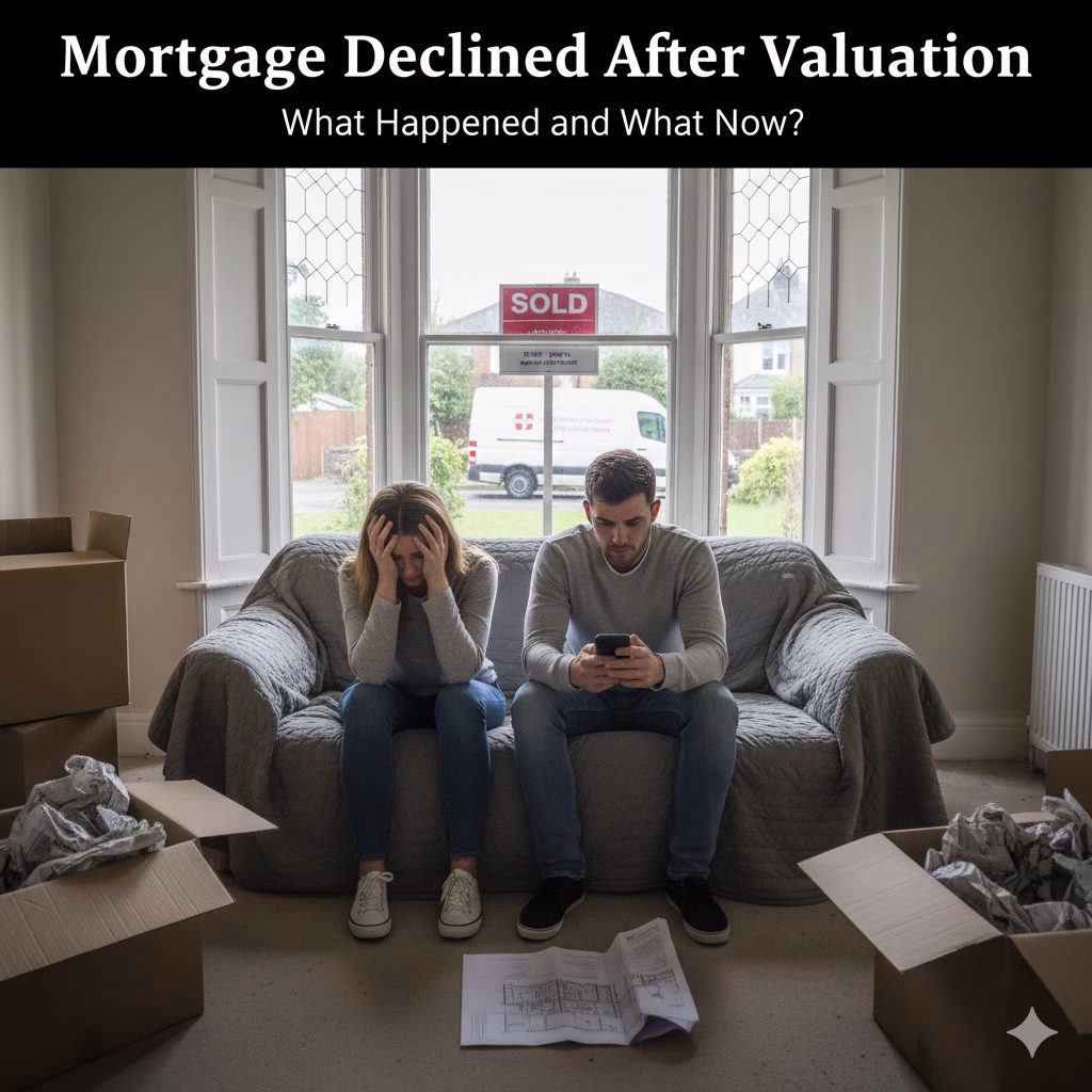 Devastated couple sitting on sofa with heads in hands after mortgage declined after valuation, with SOLD sign visible through window and moving boxes around them