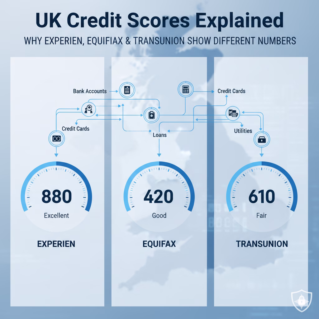 UK credit score differences explained comparison chart showing Experian, Equifax and TransUnion scoring scales and thresholds